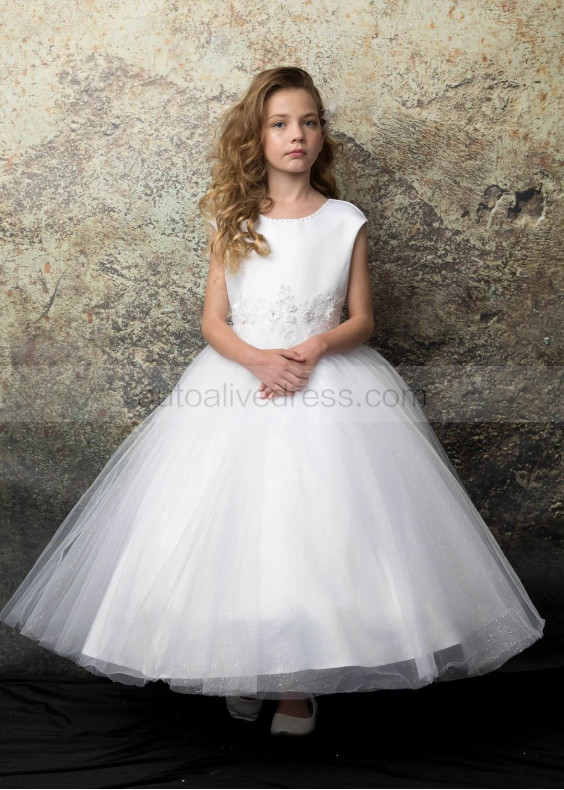 Pearl Neck White Satin Glitter Tulle Flower Girl Dress